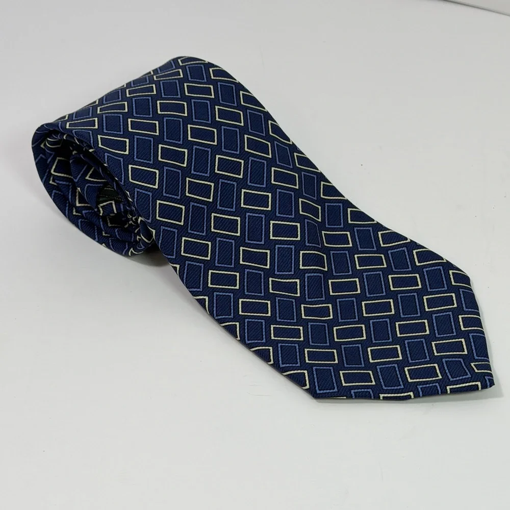 Lauren Ralph Lauren Mens Silk Tie Navy Blue Geometric Rectangle Pattern